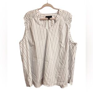 Lane Bryant Smocked Shoulder White Blue Stripe V Neck Sleeveless Top Size 28W